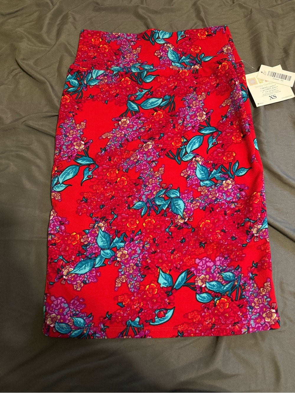 LuLaRoe Cassie pencil skirt Red Floral with Teal and Purple Accents XS NWT